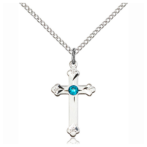 Sterling Silver 3/4in Cross Pendant with 3mm Zircon Bead & 18in Chain