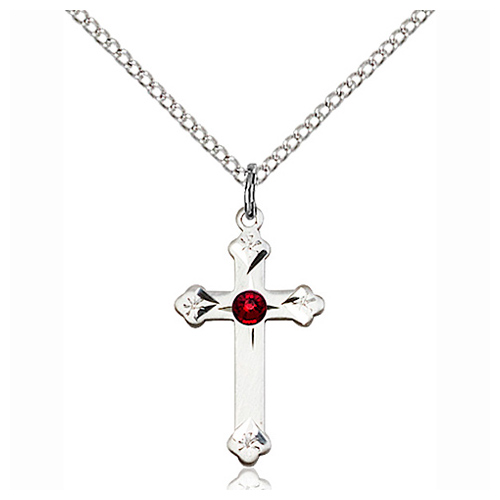 Sterling Silver 3/4in Cross Pendant with 3mm Garnet Bead & 18in Chain