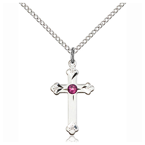 Sterling Silver 3/4in Cross Pendant with Amethyst Bead & 18in Chain