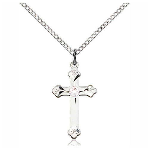 Sterling Silver 3/4in Cross Pendant with 3mm Crystal Bead & 18in Chain