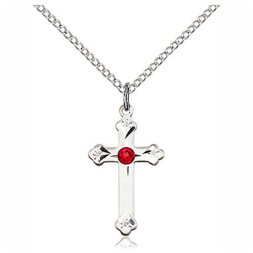 Sterling Silver 3/4in Cross Pendant with 3mm Ruby Bead & 18in Chain