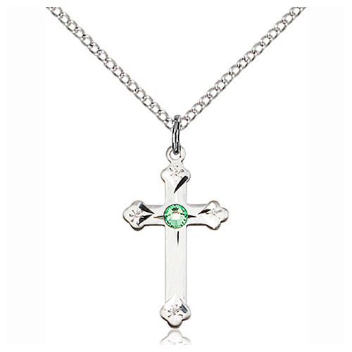 Sterling Silver 3/4in Cross Pendant with 3mm Peridot Bead & 18in Chain