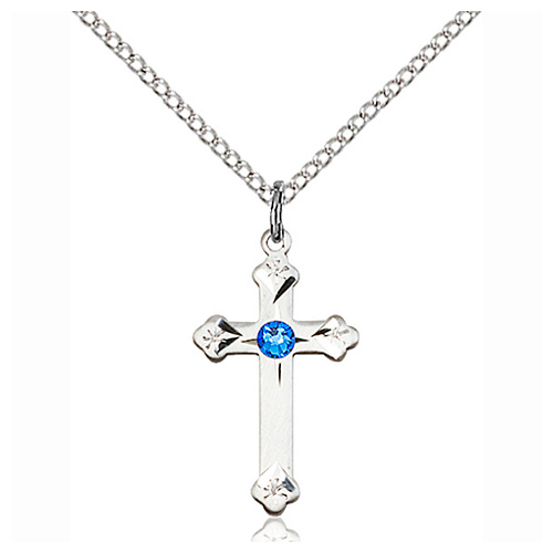 Sterling Silver 3/4in Cross Pendant with Sapphire Bead & 18in Chain