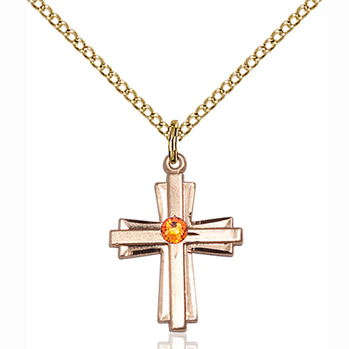 Gold Filled 3/4in Bi-level Cross Pendant with Topaz Bead & 18in Chain