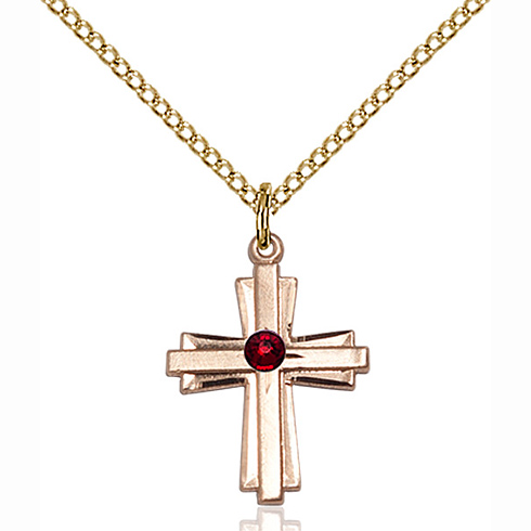 Gold Filled 3/4in Bi-level Cross Pendant with Garnet Bead & 18in Chain