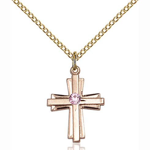 Gold Filled 3/4in Bi-level Cross with Light Amethyst Bead & 18in Chain