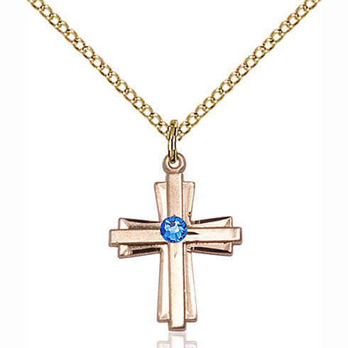 Gold Filled 3/4in Bi-level Cross with 3mm Sapphire Bead & 18in Chain