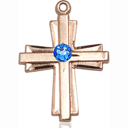14kt Yellow Gold 3/4in Cross Pendant with 3mm Sapphire Bead