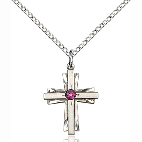 Sterling Silver 3/4in Bi-level Cross with Amethyst Bead & 18in Chain