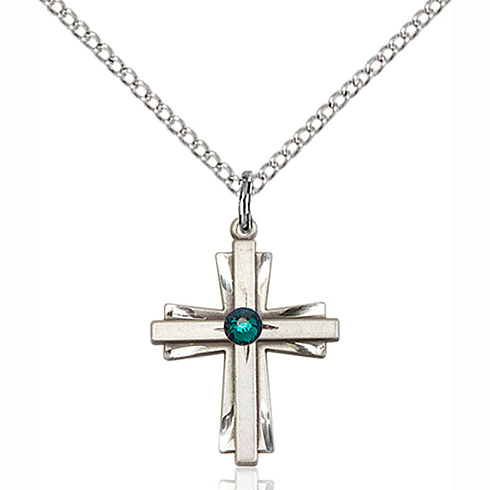 Sterling Silver 3/4in Bi-level Cross with Emerald Bead & 18in Chain