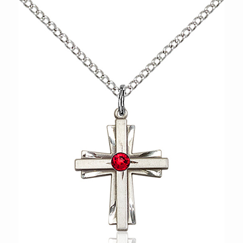 Sterling Silver 3/4in Bi-level Cross Pendant Ruby Bead & 18in Chain ...