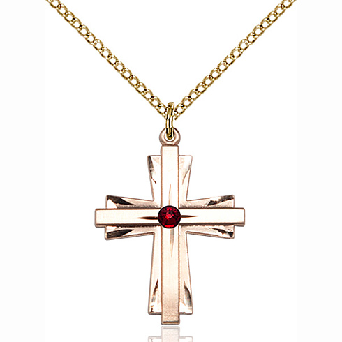 Gold Filled 1in Cross Pendant with 3mm Garnet Bead & 18in Chain