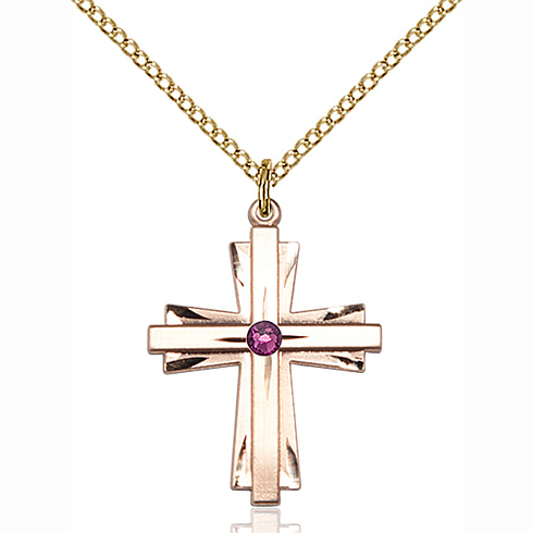 Gold Filled 1in Cross Pendant with 3mm Amethyst Bead & 18in Chain