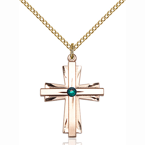 Gold Filled 1in Cross Pendant with 3mm Emerald Bead & 18in Chain