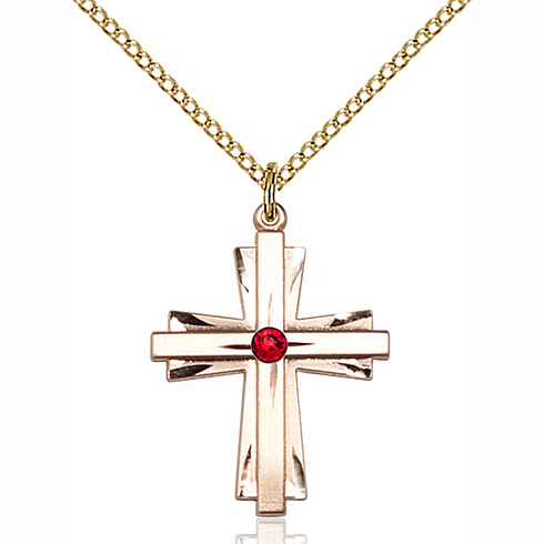 Gold Filled 1in Cross Pendant with 3mm Ruby Bead & 18in Chain