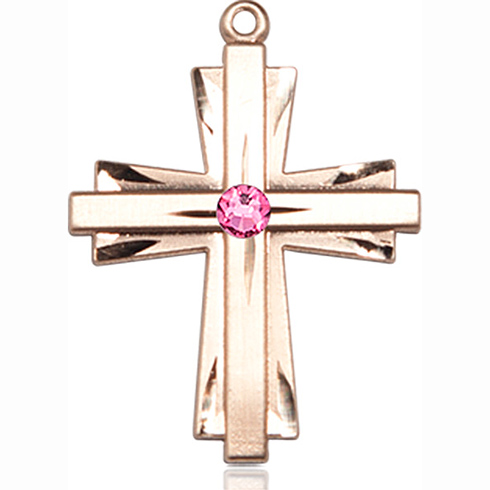 14kt Yellow Gold 1in Cross Pendant with 3mm Rose Bead