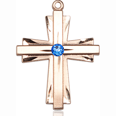 14kt Yellow Gold 1in Cross Pendant with 3mm Sapphire Bead