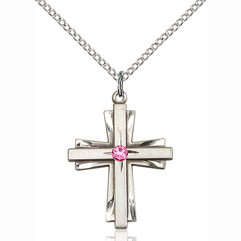 Sterling Silver 1in Cross Pendant with 3mm Rose Bead & 18in Chain