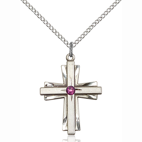 Sterling Silver 1in Cross Pendant with 3mm Amethyst Bead & 18in Chain