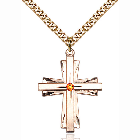 Gold Filled 1 1/4in Cross Pendant with 3mm Topaz Bead & 24in Chain