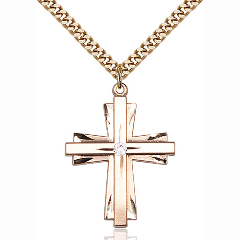 Gold Filled 1 1/4in Cross Pendant with 3mm Crystal Bead & 24in Chain