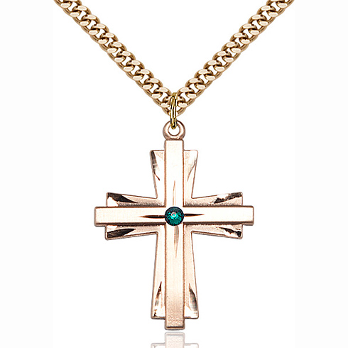 Gold Filled 1 1/4in Cross Pendant with 3mm Emerald Bead & 24in Chain