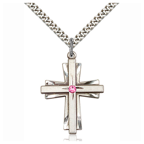 Sterling Silver 1 1/4in Cross Pendant with 3mm Rose Bead & 24in Chain