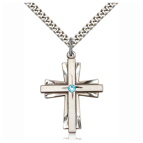 Sterling Silver 1 1/4in Cross Pendant with 3mm Aqua Bead & 24in Chain