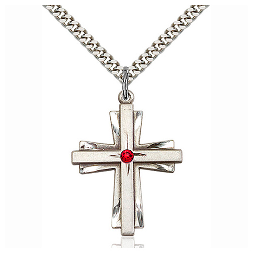 Sterling Silver 1 1/4in Cross Pendant with 3mm Ruby Bead & 24in Chain