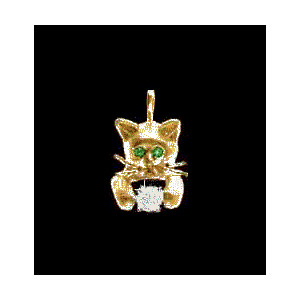 14KT Gold Kitten Diamond Pendant with Emerald Eyes