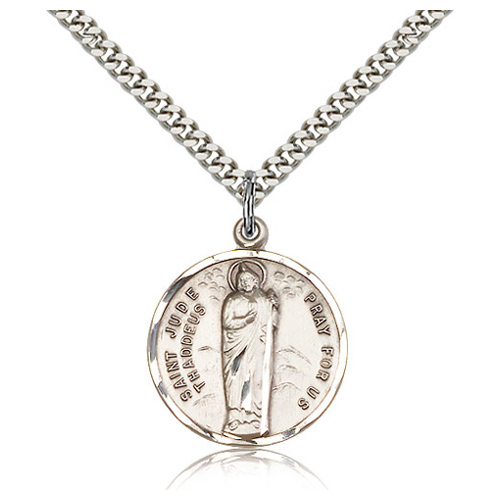Sterling Silver 7/8in Round St Jude Medal & 24in Chain
