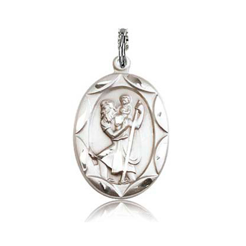 Sterling Silver 1in Oval St Christopher Medal with Fancy Border
