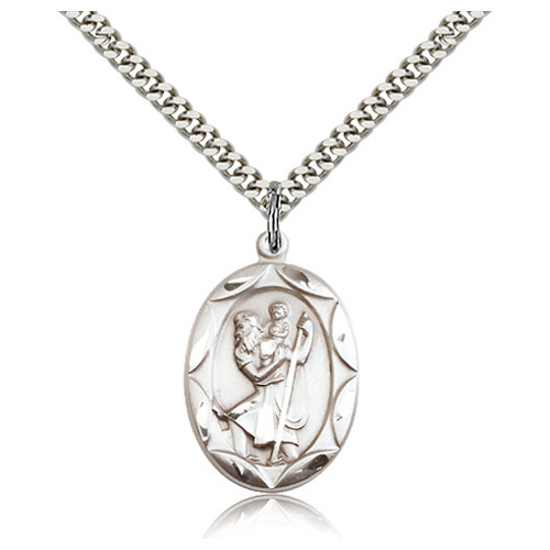 Sterling Silver 1in St Christopher Medal & 24in Chain
