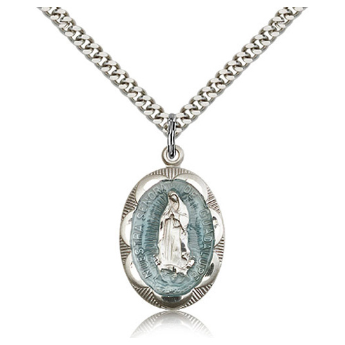 Sterling Silver 1in Oval Blue Our Lady of Guadalupe Medal & 24in Chain