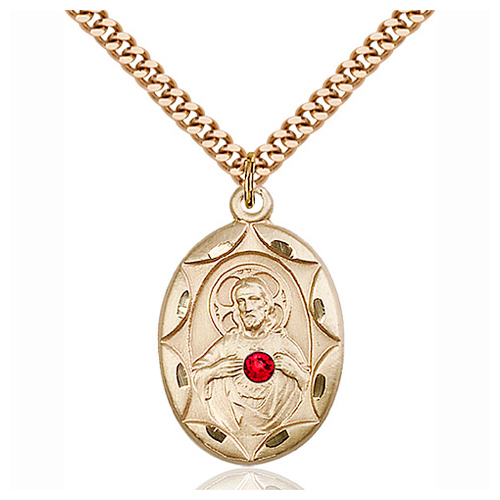 Gold Filled 1in Scapular Medal with 3mm Ruby Bead & 24in Chain