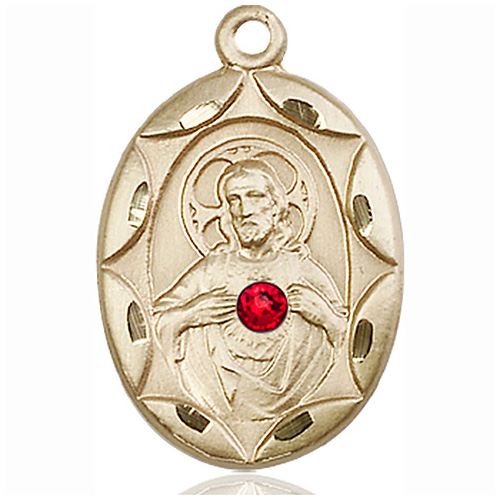 14k Yellow Gold Scapular Medal with Ruby Bead Accent 1in