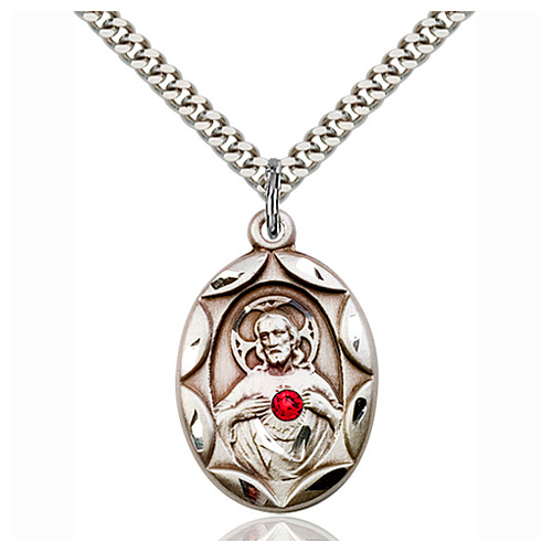 Sterling Silver 1in Oval Scapular Pendant with Ruby Bead & 24in Chain