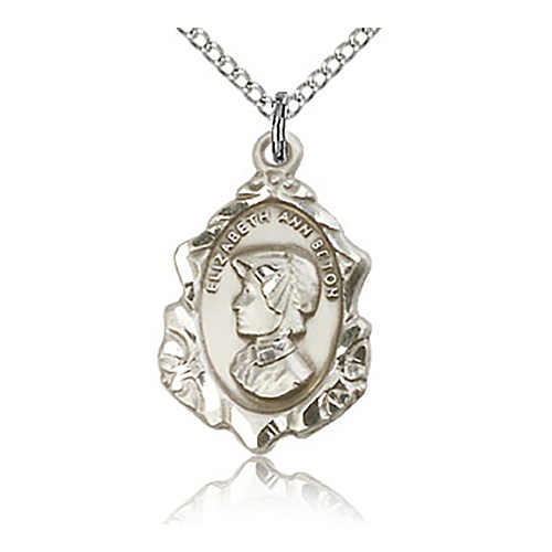 Sterling Silver 3/4in St Elizabeth Ann Seton Shield Medal & 18in Chain