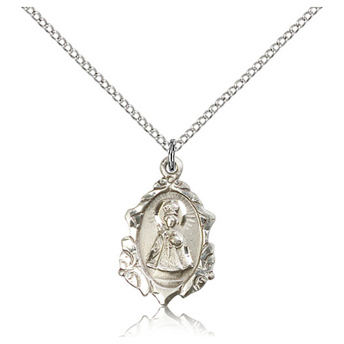Sterling Silver 3/4in Ornate Infant of Prague Medal & 18in Chain