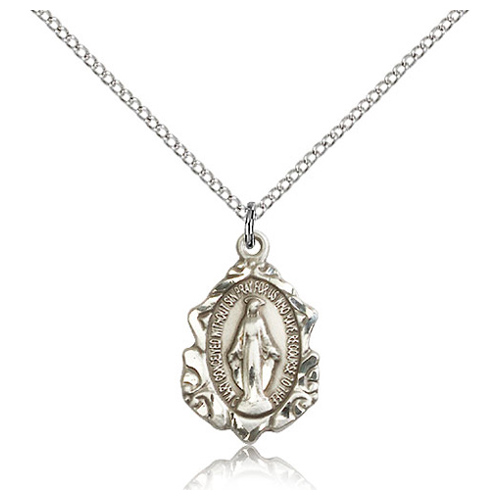 Sterling Silver 3/4in Ornate Miraculous Medal & 18in Chain