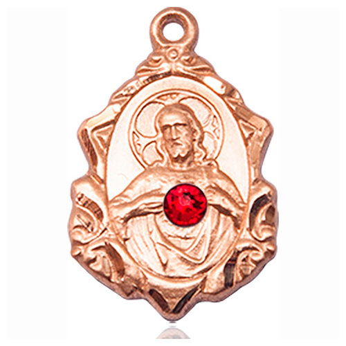 14kt Yellow Gold 3/4in Fancy Scapular Medal with 3mm Ruby