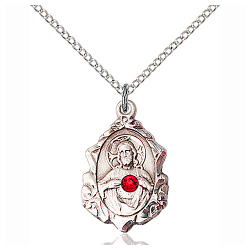 Sterling Silver 3/4in Ornate Scapular Pendant Ruby Bead & 18in Chain