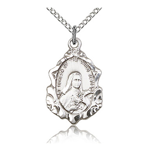 Sterling Silver 3/4in St Theresa Shield Medal & 18in Chain