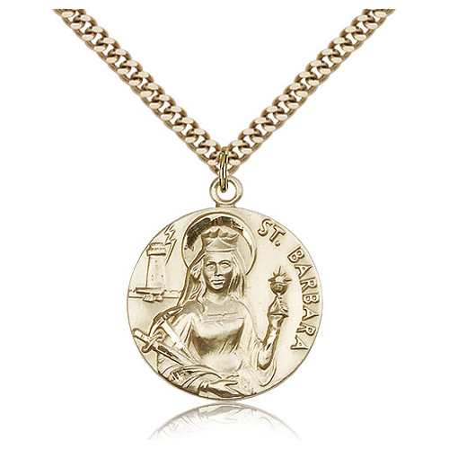 Gold Filled 7/8in Round St Barbara Medal & 24in Chain