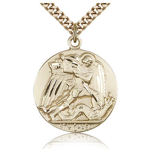 Gold Filled 1in Round St Michael Medal & 24in Chain