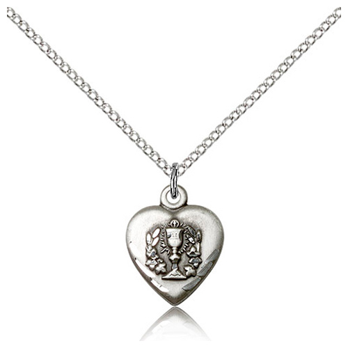 Sterling Silver 5/8in Heart Communion Medal & 18in Chain