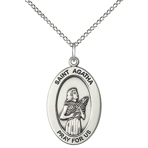 Sterling Silver 7/8in St Agatha Medal with 18in Chain