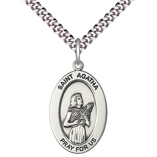 Sterling Silver 7/8in St Agatha Medal with 24in Chain