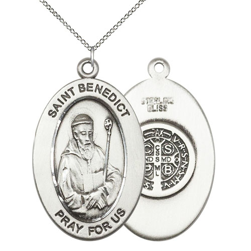 Sterling Silver 7/8in St Benedict Medal with 18in Chain