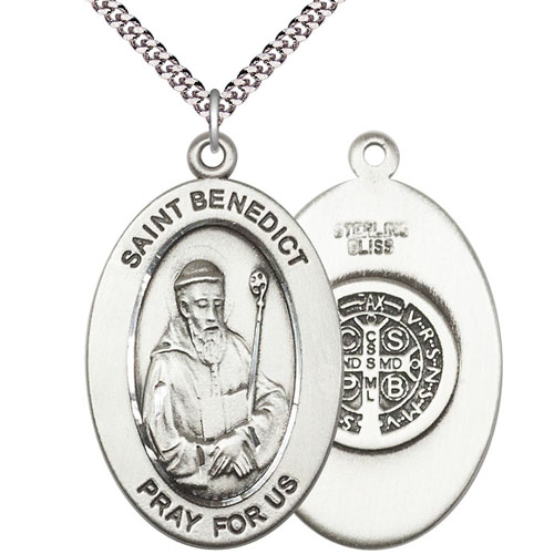 Sterling Silver 7/8in St Benedict Medal with 24in Chain